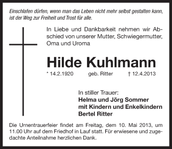 Traueranzeige von Hilde Kuhlmann von Pegnitz-Zeitung